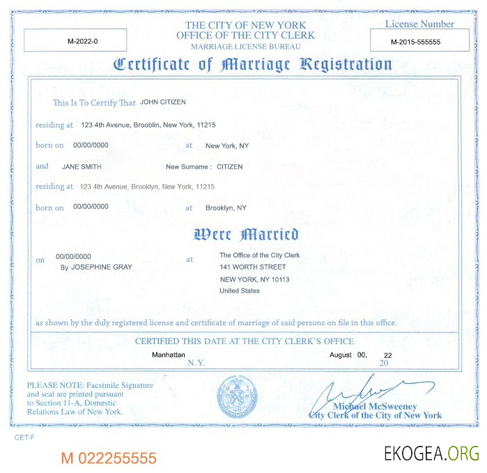 Modèle de certificat de mariage de l'État de New York aux États Unis au format PSD